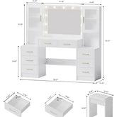 Vanity Desk with Mirror & Lights - 10 LED Lights, 8 Sliding Drawers, 2 Cabinets - Himpall